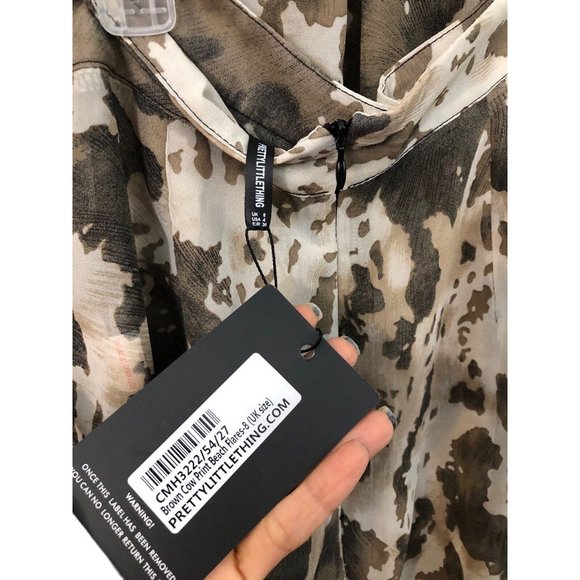 SOLD Pretty Little Thing Cow Print Beach Flare Pants And Shirt 90S Style Sheer - Picture 10 of 11